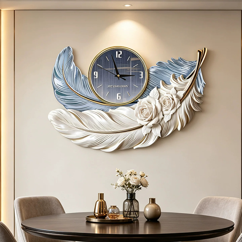 Resin Art Wall Clock - นาฬิกาแขวนผนังดีไซน์ขนนกสุดหรู สำหรับตกแต่งห้องนั่งเล่น ห้องรับแขก ห้องนอน ร้านอาหาร แบบไร้เสียงรบกวน