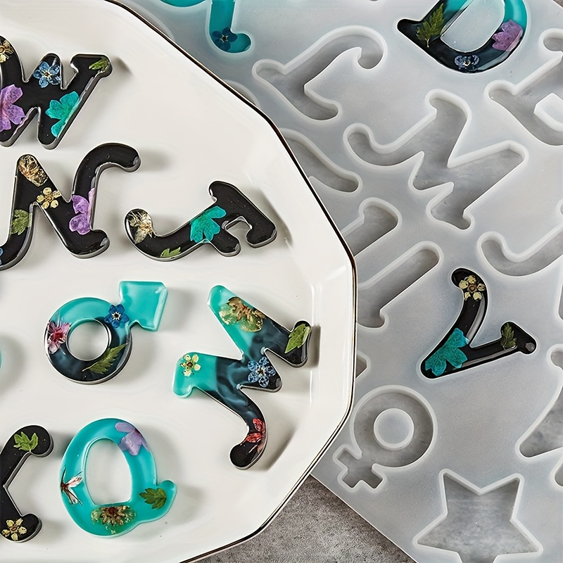 Resin Art Tools - แม่พิมพ์เรซิ่นแบบหล่อรูปทรง A พร้อมกระจก 26 ตัวอักษรภาษาอังกฤษ บวกกับแม่พิมพ์ซิลิโคนลาย