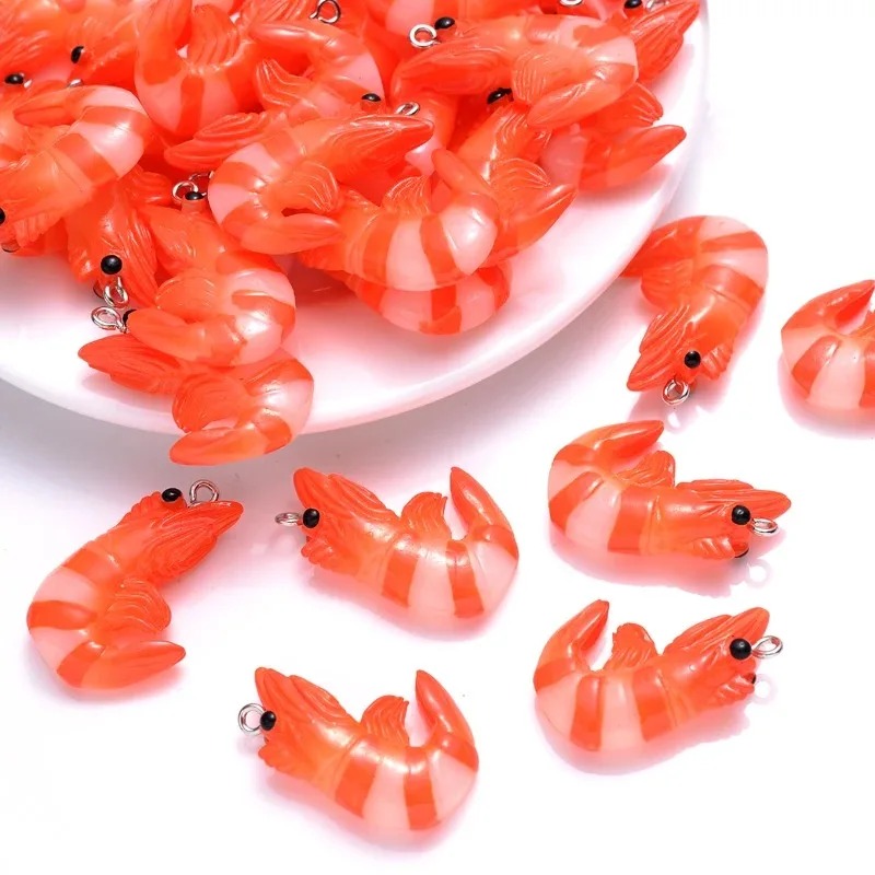 Resin Art Pendant - จี้อะคริลิคเรซิ่นรูปอาหารทะเลการ์ตูน 10 ชิ้น จี้รูปกุ้งก้ามกราม 3 มิติ