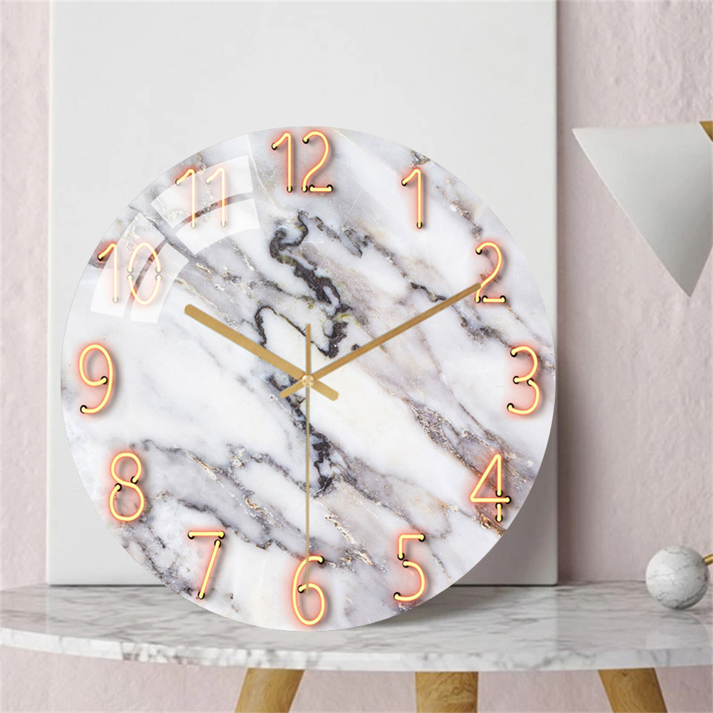 Resin Art Wall Clock - สีขาวหินอ่อน12นิ้ว Silent Non Ticking ควอตซ์ Retro