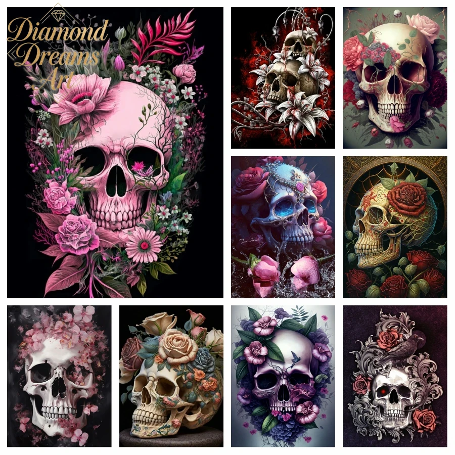 Resin Art For Rose - ภาพเพชรไร้กรอบลายหัวกะโหลกฮาโลวีน ศิลปะวันแห่งความตายของเม็กซิโก โครงกระดูกสยองขวัญ กุหลาบคริสตัล งานปักครอสสติชตกแต่ง
